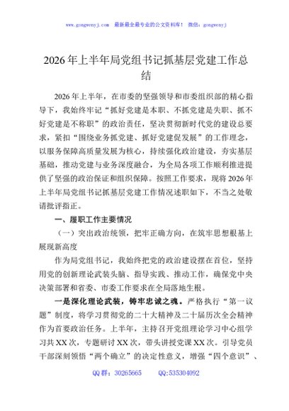 2026年上半年局党组书记抓基层党建工作总结