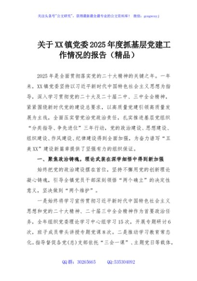 关于XX镇党委2025年度抓基层党建工作情况的报告（精品）