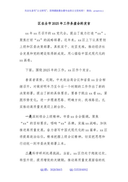 区在全市2025年工作务虚会的发言