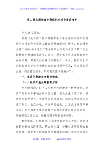 第二批主题教育专题组织生活会整改清单