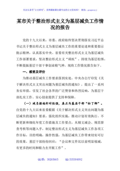 某市关于整治形式主义为基层减负工作情况的报告