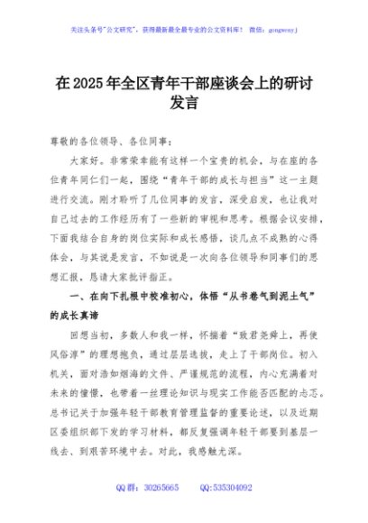 在2025年全区青年干部座谈会上的研讨发言