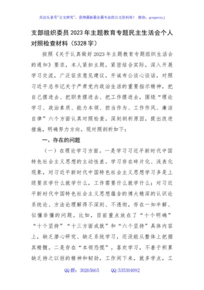 支部组织委员2023年主题教育专题民主生活会个人对照检查材料