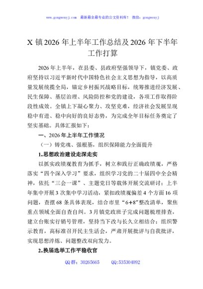X镇2026年上半年工作总结及2026年下半年工作打算