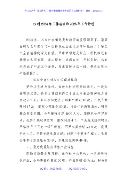 xx村2024年工作总结和2025年工作计划