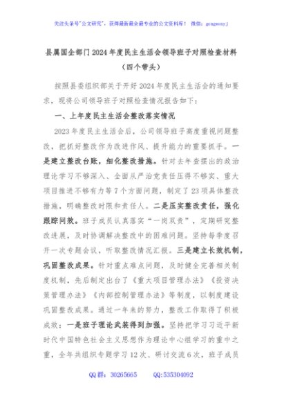 县属国企部门2024年度民主生活会领导班子对照检查材料（四个带头）