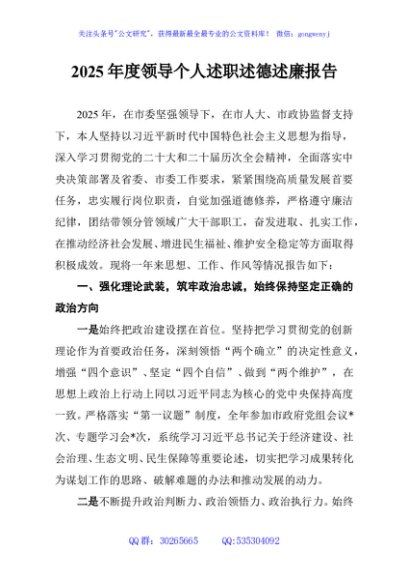 2025年度领导个人述职述德述廉报告