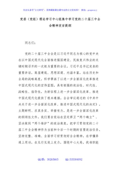 党委（党组）理论学习中心组集中学习党的二十届三中全会精神发言提纲