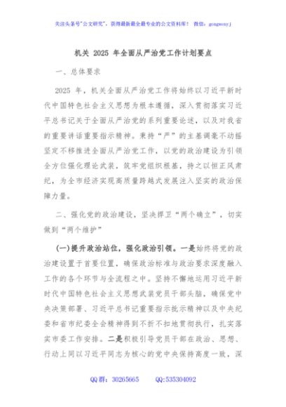 机关 2025 年全面从严治党工作计划要点