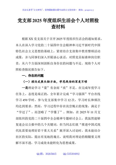 党支部2025年度组织生活会个人对照检查材料