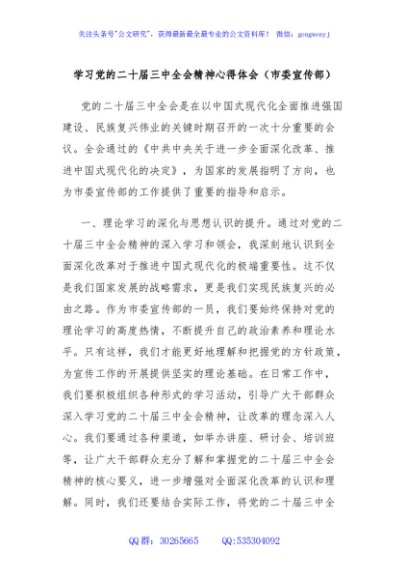 学习党的二十届三中全会精神心得体会（市委宣传部）
