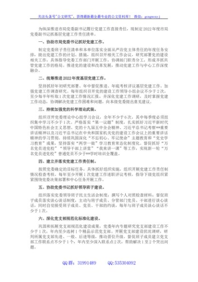 2022年度市局党委副书记抓基层党建工作责任清单
