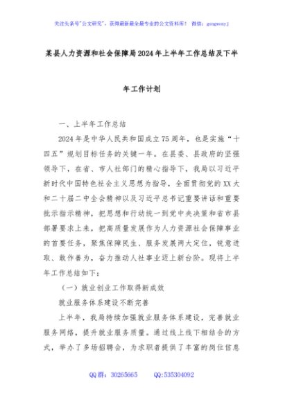某县人力资源和社会保障局2024年上半年工作总结及下半年工作计划