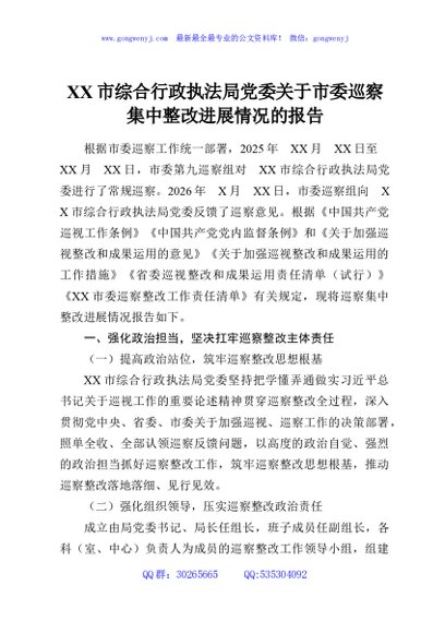 XX市综合行政执法局党委关于市委巡察集中整改进展情况的报告