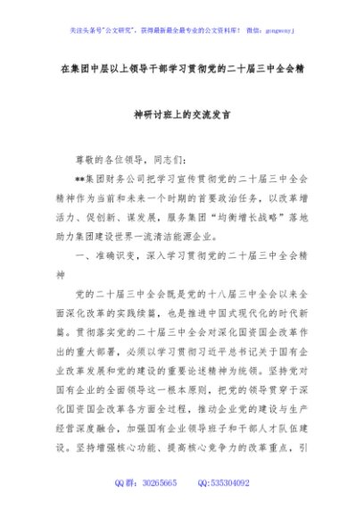 在集团中层以上领导干部学习贯彻党的二十届三中全会精神研讨班上的交流发言