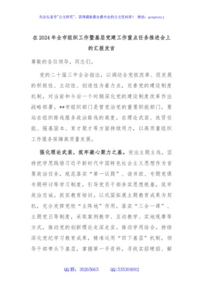 在2024年全市组织工作暨基层党建工作重点任务推进会上的汇报发言