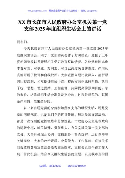 XX市长在市人民政府办公室机关第一党支部2025年度组织生活会上的讲话