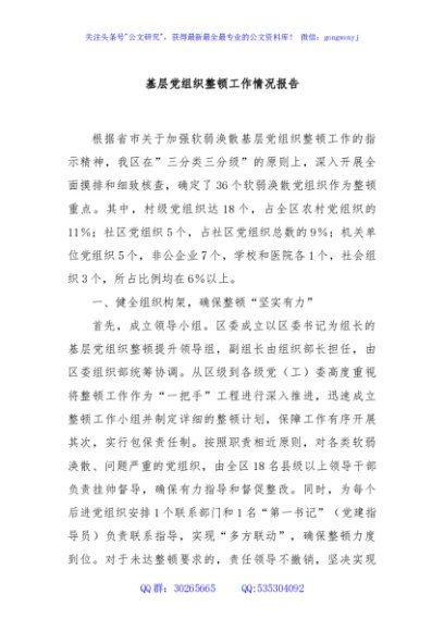 基层党组织整顿工作情况报告