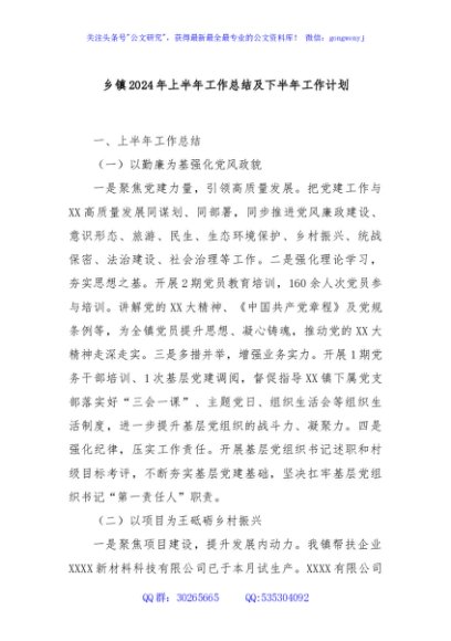 乡镇2024年上半年工作总结及下半年工作计划