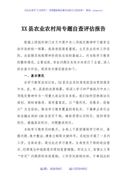 XX县农业农村局专题自查评估报告