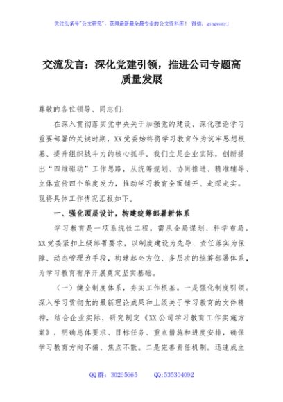 交流发言：深化党建引领，推进公司专题高质量发展