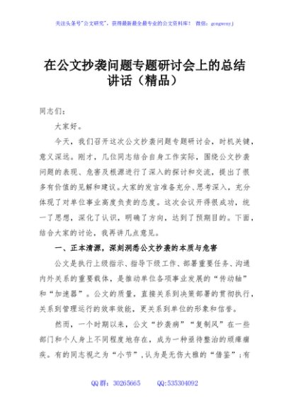 在公文抄袭问题专题研讨会上的总结讲话（精品）