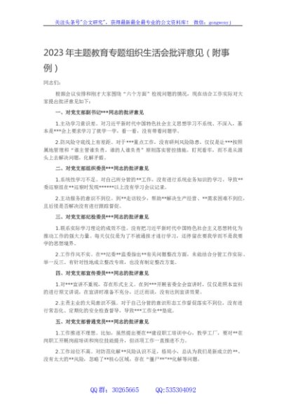 2023年主题教育专题组织生活会批评意见（附事例）