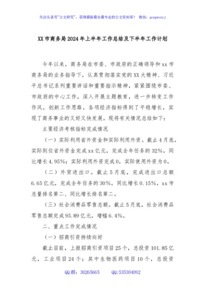 XX市商务局2024年上半年工作总结及下半年工作计划