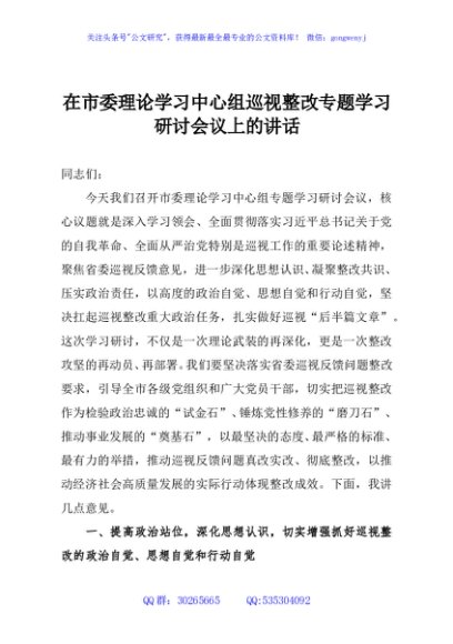 在市委理论学习中心组巡视整改专题学习研讨会议上的讲话