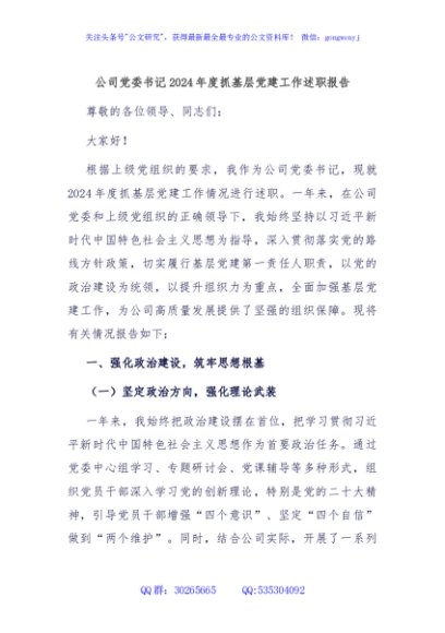 公司党委书记2024年度抓基层党建工作述职报告