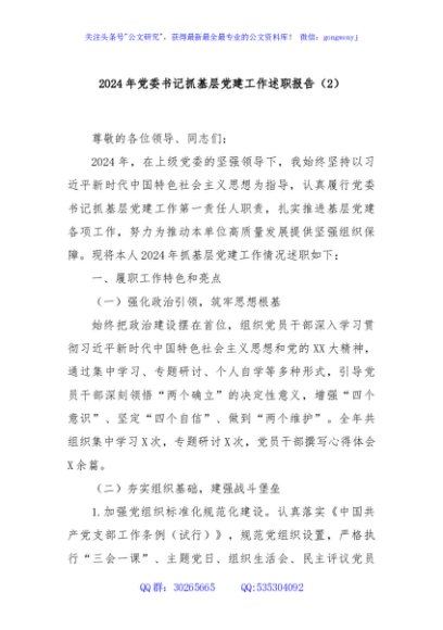 2024年党委书记抓基层党建工作述职报告（2）