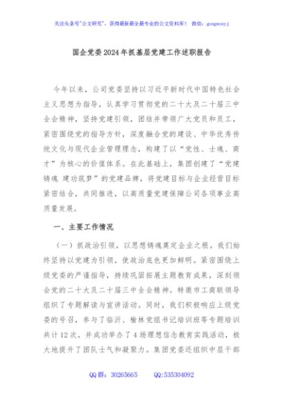 国企党委2024年抓基层党建工作述职报告