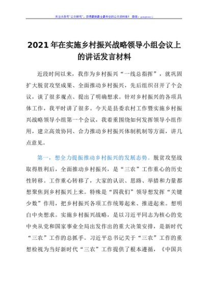 2021年在实施乡村振兴战略领导小组会议上的讲话发言材料