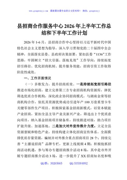 县招商合作服务中心2026年上半年工作总结和下半年工作计划