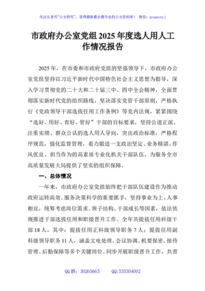 市政府办公室党组2025年度选人用人工作情况报告