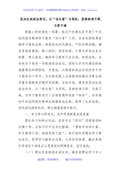 坚决扛起政治责任，以“回头看”为契机，坚持标准不降、力度不减