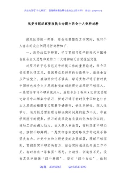党委书记巡察整改民主专题生活会个人剖析材料