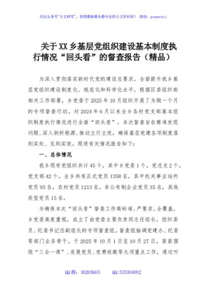 关于XX乡基层党组织建设基本制度执行情况“回头看”的督查报告（精品）