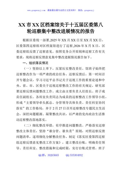 XX市XX区档案馆关于十五届区委第八轮巡察集中整改进展情况的报告