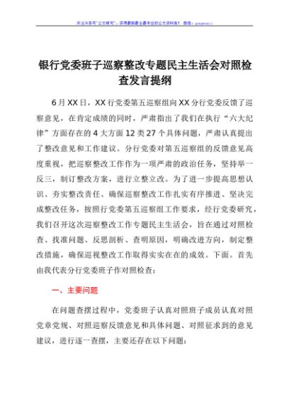 银行党委班子巡察整改专题民主生活会对照检查发言提纲