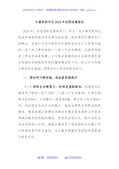 乡镇党委书记2024年述职述廉报告