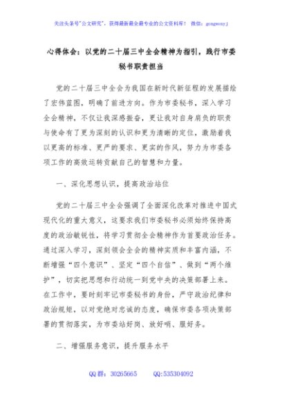心得体会：以党的二十届三中全会精神为指引，践行市委秘书职责担当