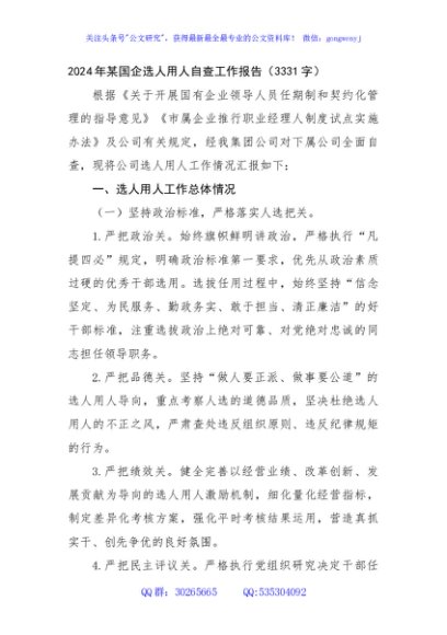 2024年某国企选人用人自查工作报告（3331字）