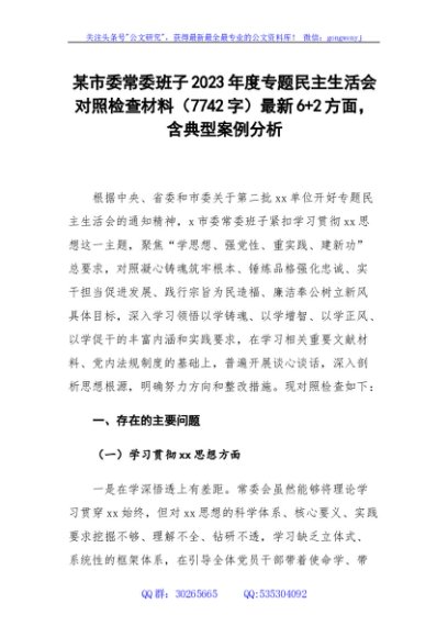 （市委班子）2023年度专题民主生活会对照检查材料（践行宗旨等6个方面+2方面，含典型案例分析