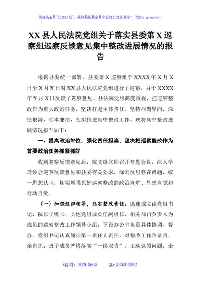 XX县人民法院党组关于落实县委第X巡察组巡察反馈意见集中整改进展情况的报告