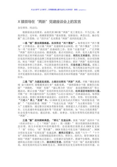 X镇领导在“两新”党建座谈会上的发言