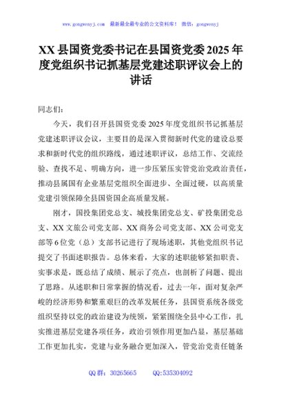 XX县国资党委书记在县国资党委2025年度党组织书记抓基层党建述职评议会上的讲话