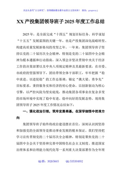 XX产投集团领导班子2025年度工作总结