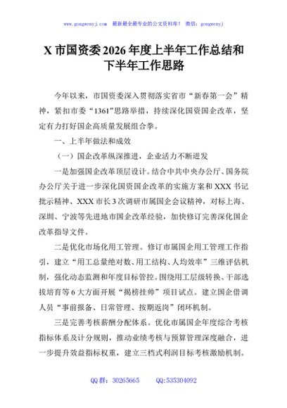X市国资委2026年度上半年工作总结和下半年工作思路