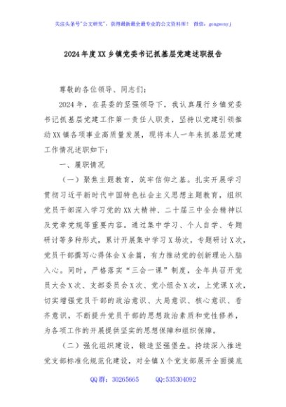2024年度XX乡镇党委书记抓基层党建述职报告